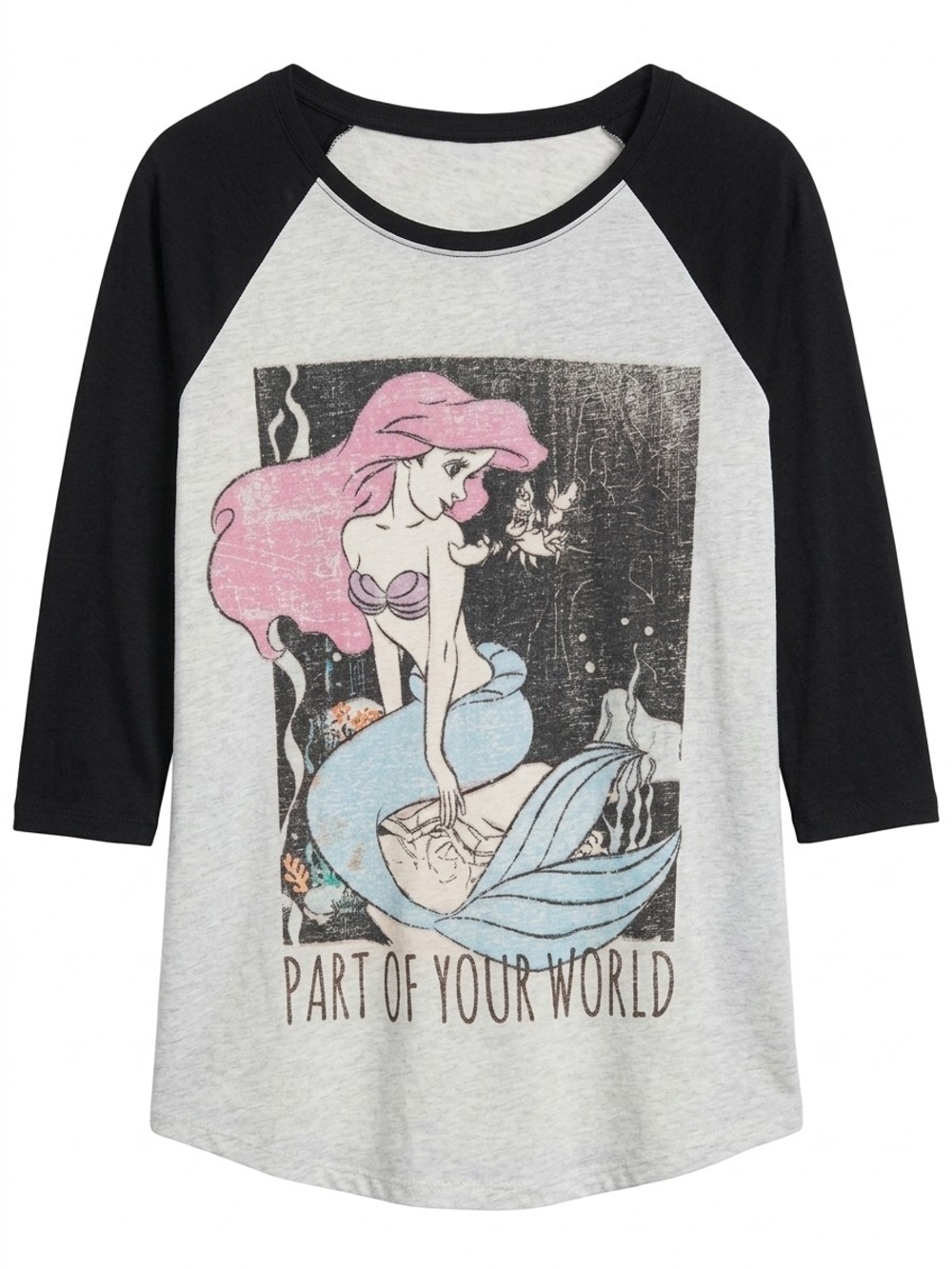 Disney Girls' Raglan Tee in Black and Heather Gray with Pink Ariel Graphic